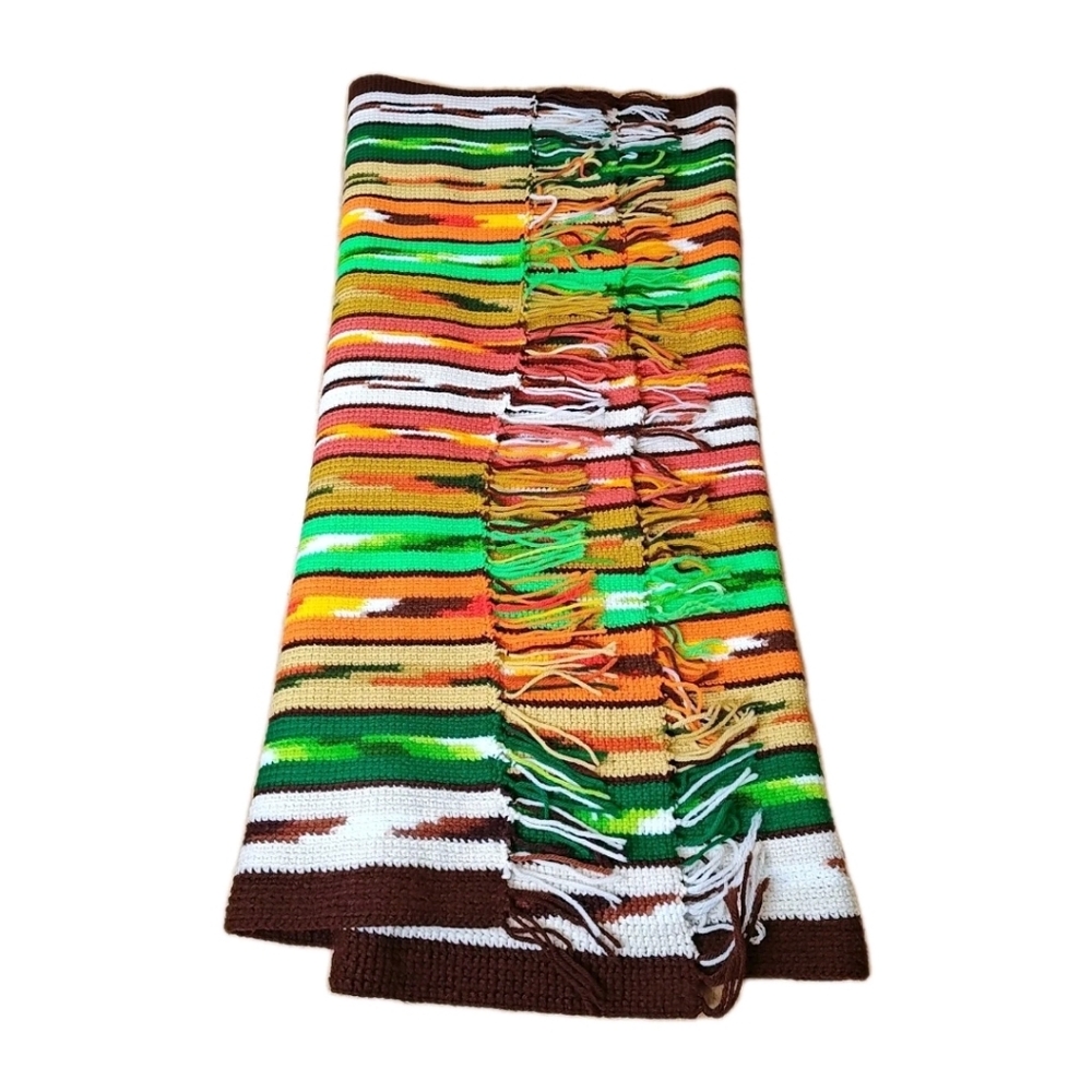 Aztec Tribal Fringed Crochet Blanket Scarf Wrap Shawl Handmade Lap Throw Vtg USA